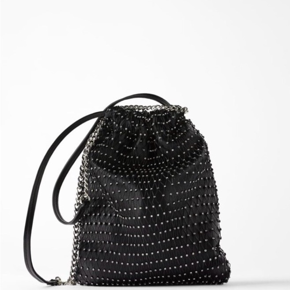 Zara Black Rhinestone Drawstring Mini Bag with Chain Strap